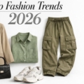 Top Fashion Trends 2026 banner showing blazer, cargo pants, shirt, sneakers, and mini bag on white background.