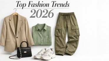 Top Fashion Trends 2026 banner showing blazer, cargo pants, shirt, sneakers, and mini bag on white background.