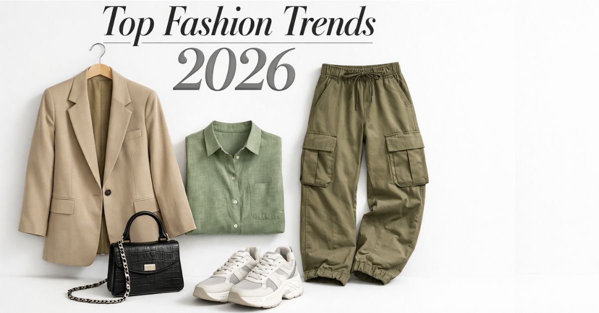 Top Fashion Trends 2026 banner showing blazer, cargo pants, shirt, sneakers, and mini bag on white background.