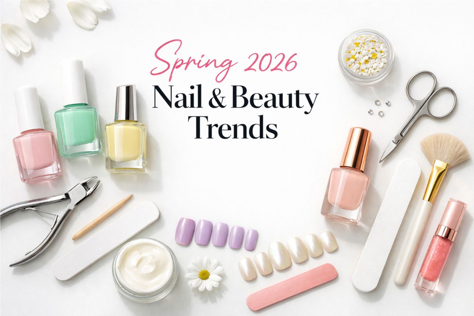 Spring 2026 nail and beauty trends flat lay with pastel nail polishes, manicure tools, floral accents, and minimalist white background styling.